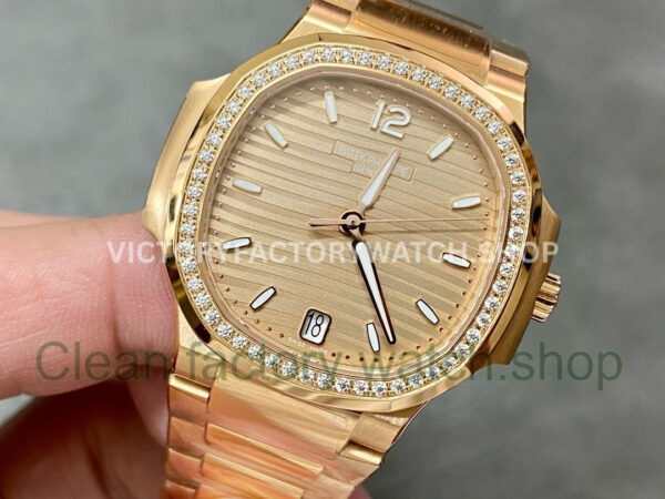 3K Factory Patek Philippe Nautilus 7118-1200R-010 Full Rose Gold Diamond Bezel Gold Dial (8) 3K Factory Patek Philippe Nautilus 7118-1200R-010 Full Rose Gold Diamond Bezel Gold Dial