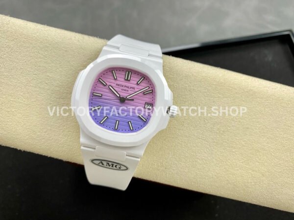 AMG Factory Customer Made Patek Philippe Nautilus PP5711 40mm Ceramics White Rubber Strap Pink Blue Dial