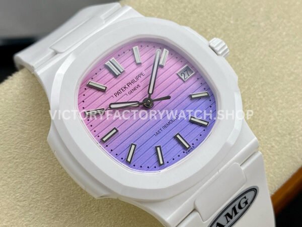 AMG Factory Customer Made Patek Philippe Nautilus PP5711 40mm Ceramics White Rubber Strap Pink Blue Dial