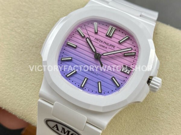 AMG Factory Customer Made Patek Philippe Nautilus PP5711 40mm Ceramics White Rubber Strap Pink Blue Dial