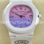 This AMG PP5711 combines a pink blue dial with white ceramic styling, giving the custom Nautilus design a softer and more fashion-oriented visual character.