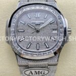This AMG PP5711 uses a baguette diamond bezel with white gold tone and silver dial, giving the Nautilus design a stronger geometric diamond visual effect.