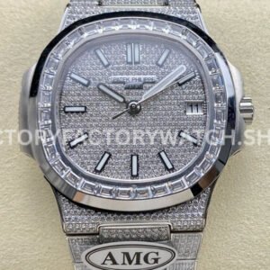 This AMG PP5711 uses a baguette diamond bezel with white gold tone and silver dial, giving the Nautilus design a stronger geometric diamond visual effect.