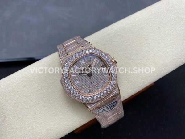 AMG Factory Patek Philippe Nautilus PP5711 40mm Diamond Bezel Rose Gold Diamond Baguette Diamond Silver Dial