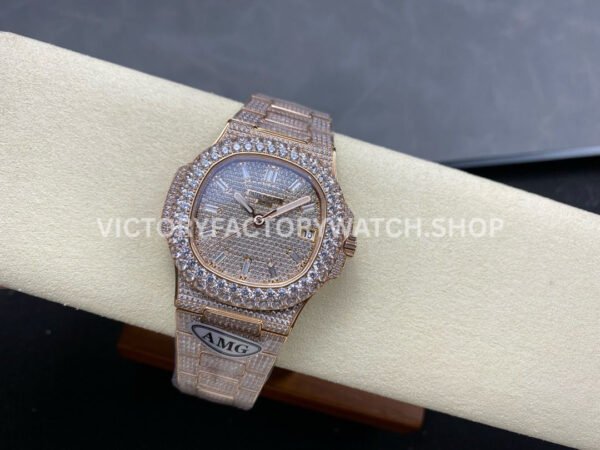 AMG Factory Patek Philippe Nautilus PP5711 40mm Diamond Bezel Rose Gold Diamond Baguette Diamond Silver Dial