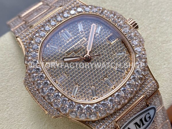 AMG Factory Patek Philippe Nautilus PP5711 40mm Diamond Bezel Rose Gold Diamond Baguette Diamond Silver Dial