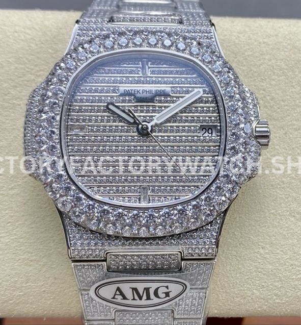 AMG Factory Patek Philippe Nautilus PP5711 40mm Diamond Bezel White GoldDiamond 6 (6) AMG PP5711 6 9 12 baguette silver dial diamond bezel