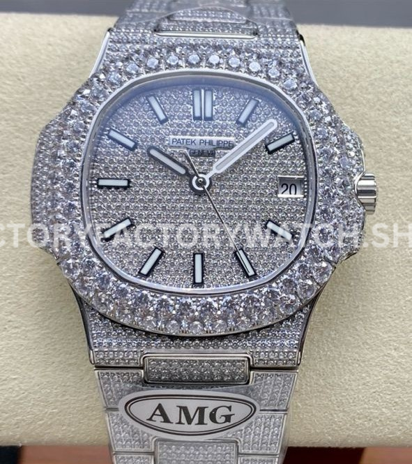 AMG Factory Patek Philippe Nautilus PP5711 40mm Diamond Bezel White GoldDiamond, Diamond Silver D (6) AMG PP5711 diamond bezel white gold silver dial