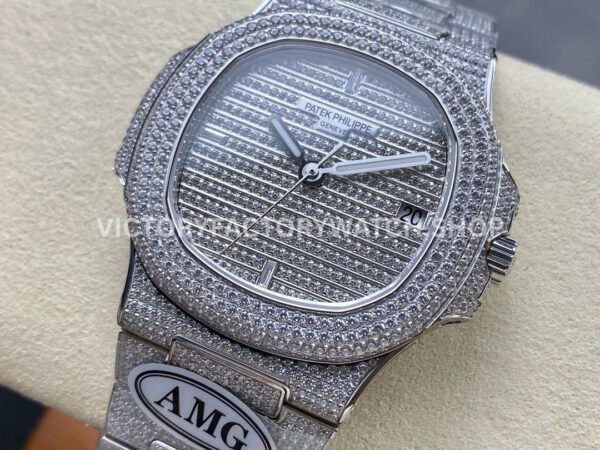 AMG Factory Patek Philippe Nautilus PP5711 40mm Small Diamond Bezel White Gold Diamond Baguette Diamond Silver Dial