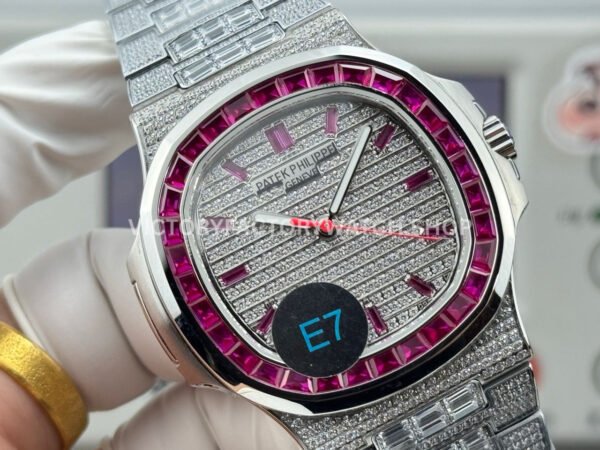 E7 Factory Patek Philippe Emerald Nautilus 5711 40mm Full Platinum Red Diamond Bezel Diamond Dial