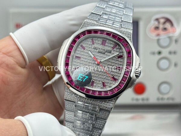 E7 Factory Patek Philippe Emerald Nautilus 5711 40mm Full Platinum Red Diamond Bezel Diamond Dial