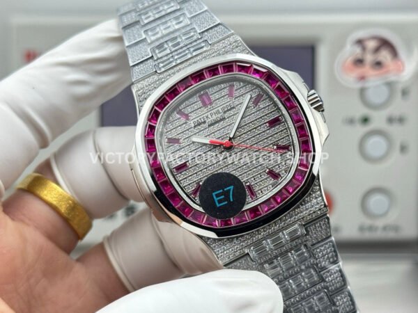 E7 Factory Patek Philippe Emerald Nautilus 5711 40mm Full Platinum Red Diamond Bezel Diamond Dial