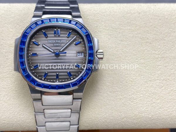 GR Factory Patek Philippe Emerald Nautilus 5711-111P-001 35.2mm Full Platinum Gray Dial (4) GR Emerald Nautilus 5711 111P gray dial blue diamond bezel