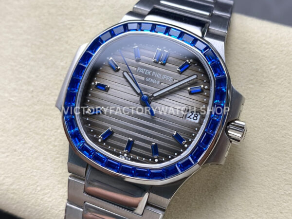 GR Factory Patek Philippe Emerald Nautilus 5711-111P-001 35.2mm Full Platinum Gray Dial (5) GR Factory Patek Philippe Emerald Nautilus 5711/111P-001 35.2mm Full Platinum Blue Diamond Bezel Gray Dial
