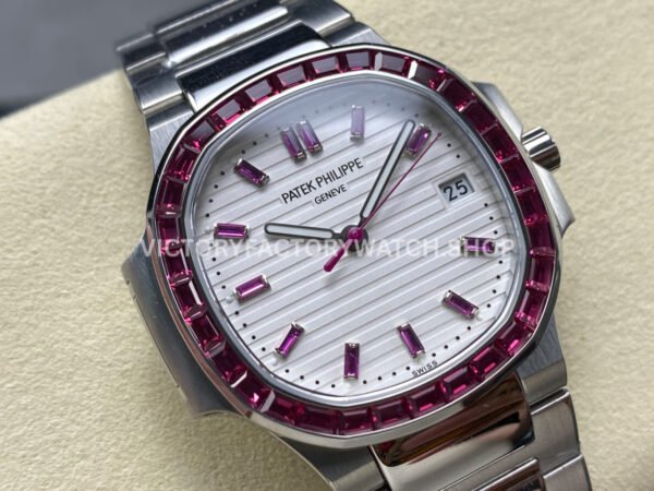 GR Factory Patek Philippe Emerald Nautilus 5711/112P-010 35.2mm Full Platinum Ruby Diamond Bezel White Dial