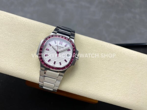GR Factory Patek Philippe Emerald Nautilus 5711/112P-010 35.2mm Full Platinum Ruby Diamond Bezel White Dial