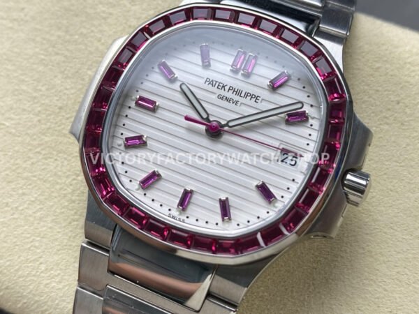 GR Factory Patek Philippe Emerald Nautilus 5711/112P-010 35.2mm Full Platinum Ruby Diamond Bezel White Dial