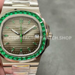 GR Factory Patek Philippe Emerald Nautilus 5711113P-001 40.5mm Full Platinum Black Dial (1) GR 5711/113P-001 uses a gray dial with platinum tone and green diamond bezel styling, creating a cooler and more unusual Emerald Nautilus look.