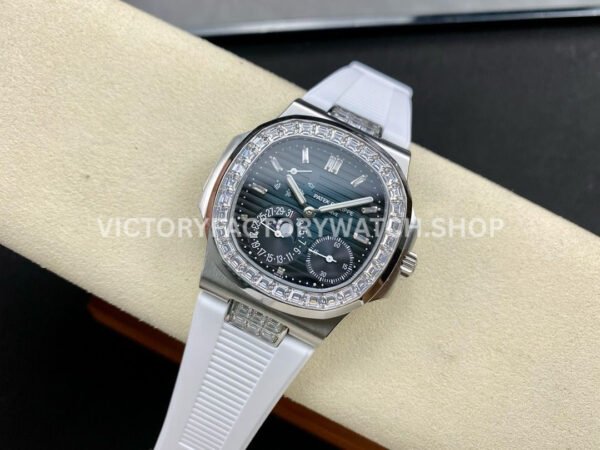 GR Factory Patek Philippe Nautilus 5712G 40mm White Rubber Strap Diamond Bezel Blue Dial