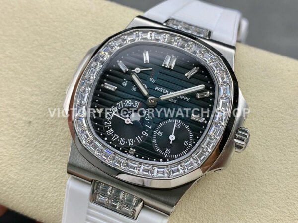 GR Factory Patek Philippe Nautilus 5712G 40mm White Rubber Strap Diamond Bezel Blue Dial
