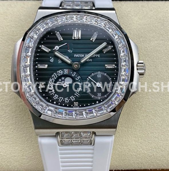 GR Patek Philippe Nautilus 5712G blue dial diamond bezel white rubber strap