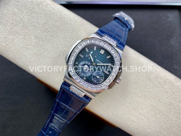 GR Factory Patek Philippe Nautilus 5712G 40mm White Gold Leather Strap Diamond Bezel Grey Dial