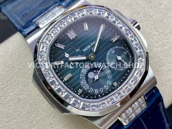 GR Factory Patek Philippe Nautilus 5712G 40mm White Gold Leather Strap Diamond Bezel Grey Dial