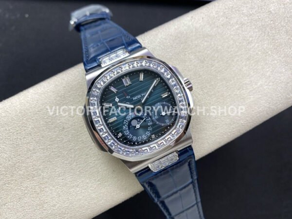GR Factory Patek Philippe Nautilus 5712G 40mm White Gold Leather Strap Diamond Bezel Grey Dial