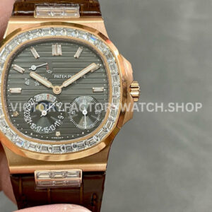 GR Factory Patek Philippe Nautilus 5712G 40mm Rose Gold Leather Strap Diamond Bezel Grey Dial (6) GR Patek Philippe Nautilus 5712R grey dial diamond bezel rose gold