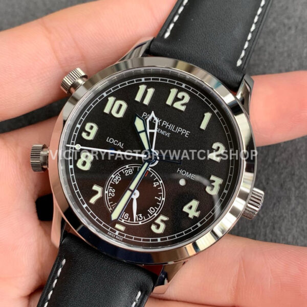 GR Factory Patek Philippe Calatrava Pilot Travel Time 5524G 42mm White Gold Leather Strap Arabic Numerals Black Dial