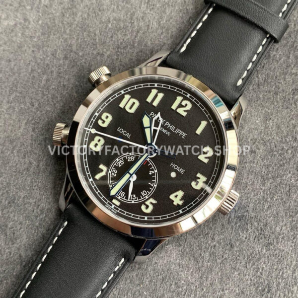 GR Factory Patek Philippe Calatrava Pilot Travel Time 5524G 42mm White Gold Leather Strap Arabic Numerals Black Dial