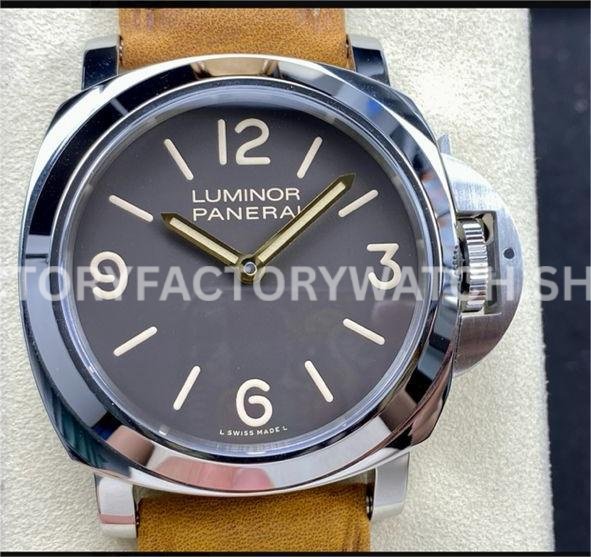 HW Factory Panerai Luminor Base PAM 00390 44mm Steel Leather Strap Arabic Numerals Brown Dial (9) HW PAM00390 Panerai Luminor Base brown dial