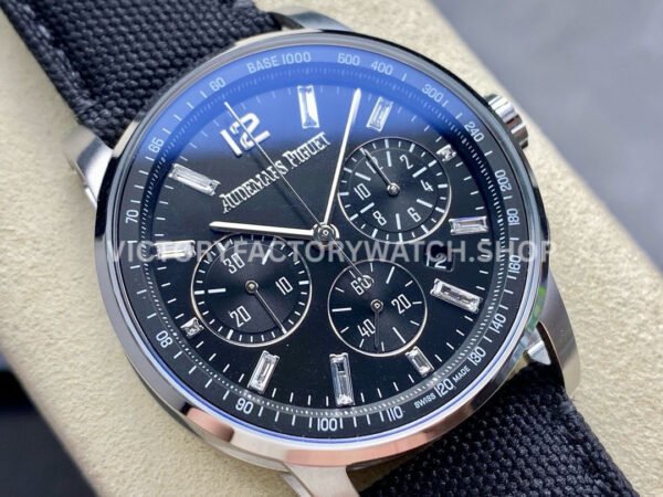 OMF Factory Audemars Piguet Code 11.59 26393BC.OO.A002KB.02 41mm Steel Canvas Strap Diamond Baguette Black Dial