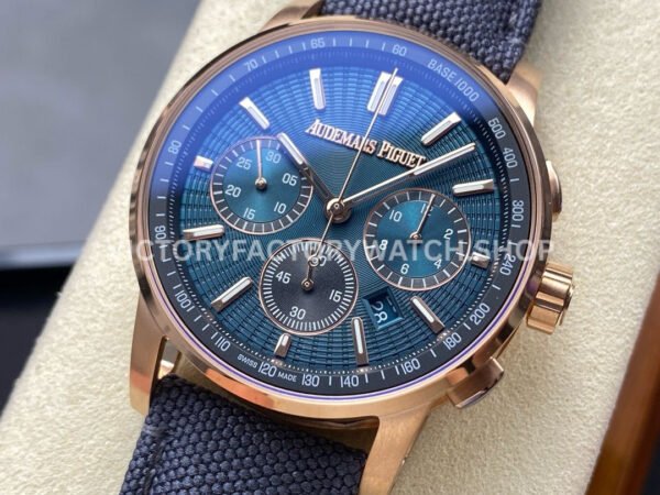 OMF Factory Audemars Piguet Code 11.59 26393OROOA348KB01 41mm Rose Gold Canvas Strap (3) OMF Factory Audemars Piguet Code 11.59 26393OR.OO.A348KB.01 41mm Rose Gold Canvas Strap Lines Blue Dial