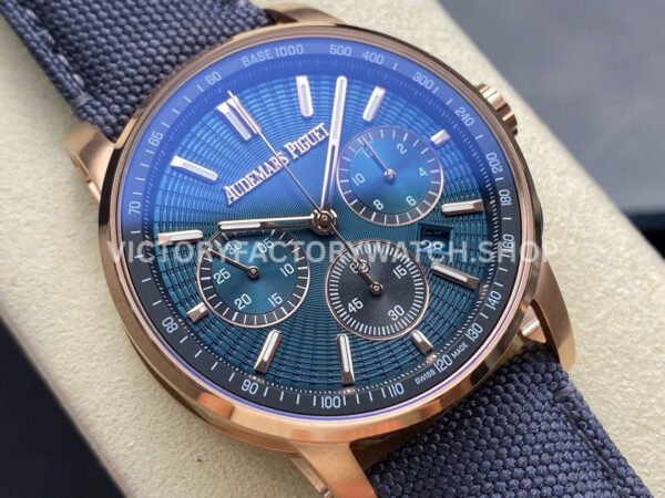 OMF Factory Audemars Piguet Code 11.59 26393OROOA348KB01 41mm Rose Gold Canvas Strap (4) OMF Factory Audemars Piguet Code 11.59 26393OR.OO.A348KB.01 41mm Rose Gold Canvas Strap Lines Blue Dial