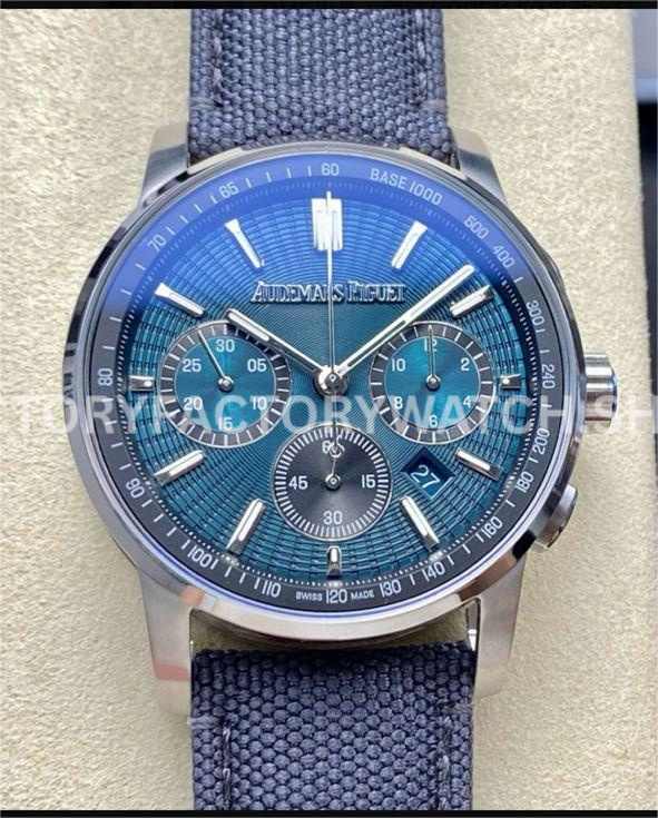 OMF Factory Audemars Piguet Code 11.59 26393STOOA348KB01 41mm Steel Canvas Strap Blue Dial (7) AP Code 11.59 26393ST blue dial chronograph