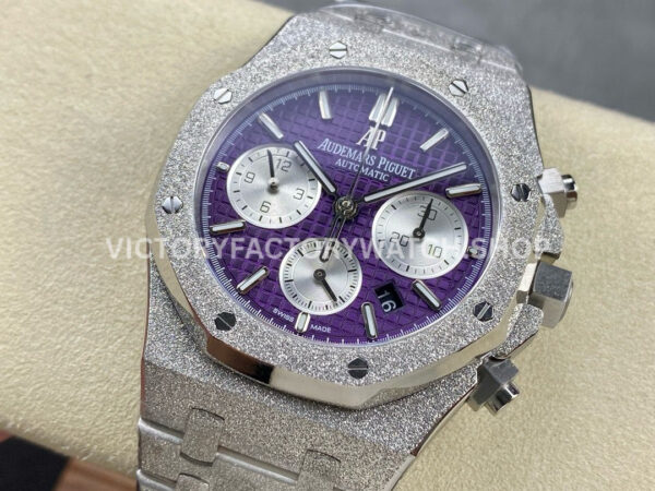 OMF Factory Frosted Audemars Piguet Royal Oak Chronograph 26240BCGG1 (5) OMF Factory Frosted Audemars Piguet Royal Oak Chronograph 26240BC.GG.1224BC.01 41mm Full Frosted White Gold Purple Dial
