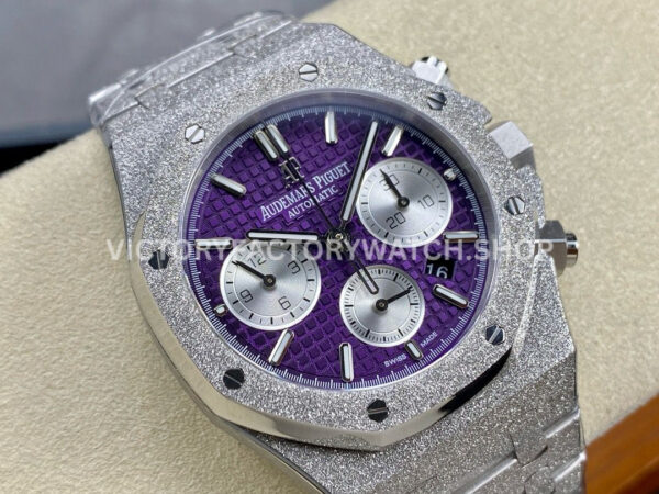 OMF Factory Frosted Audemars Piguet Royal Oak Chronograph 26240BCGG1 (6) OMF Factory Frosted Audemars Piguet Royal Oak Chronograph 26240BC.GG.1224BC.01 41mm Full Frosted White Gold Purple Dial