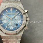 Blue dial 26240BC chronograph features a frosted white gold finish, creating strong contrast between texture and dial depth.