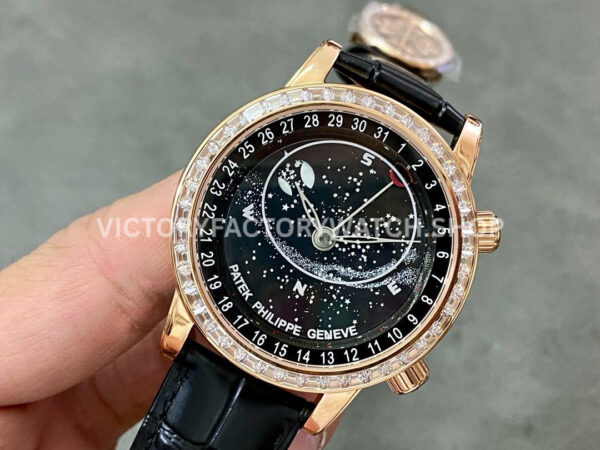 PP Factory Patek Philippe Celestial Moon 6104R-001 44mm Rose Gold Diamond Bezel Leather Black Dial
