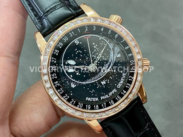 PP Factory Patek Philippe Celestial Moon 6104R-001 44mm Rose Gold Diamond Bezel Leather Black Dial