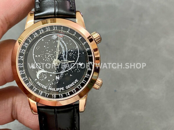 PP Factory Patek Philippe Celestial Moon 6102R-001 44mm Rose Gold Leather Black Dial (7) PP Factory Patek Philippe Celestial Moon 6102R-001 rose gold black dial