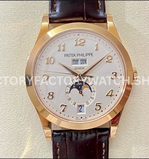 PPF Factory Patek Philippe Annual Calendar 5396R-012 38mm Rose Gold Leather Strap Arabic PPF Factory Patek Philippe Annual Calendar 5396R 012 Arabic numerals silver dial rose gold