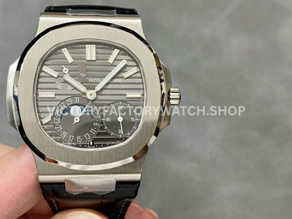 PPF Factory Patek Philippe Nautilus 40mm 5712G-001 White Gold Leather Grey Dial (6) PPF Nautilus 5712G grey dial white gold leather replica watch