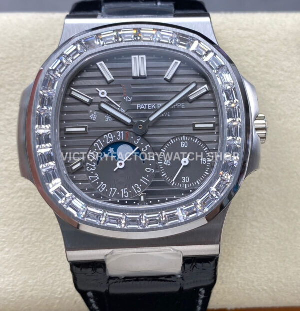 PPF Factory Patek Philippe Nautilus 5724G-001 40mm White Gold Leather Strap Grey Dial (7) PPF Nautilus 5724G grey dial diamond bezel replica watch