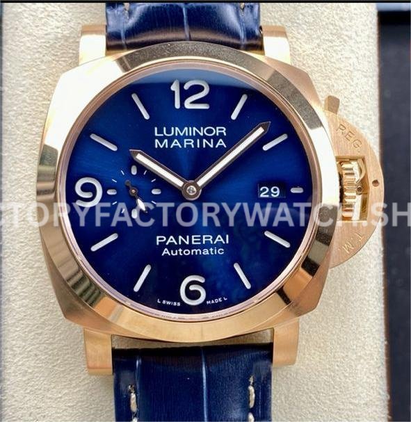 TTF Factory Panerai Luminor Marina PAM01112 Rose Gold Leather Strap Arabic Numerals Blue Dial (4) TTF PAM01112 Panerai Luminor Marina blue dial rose gold