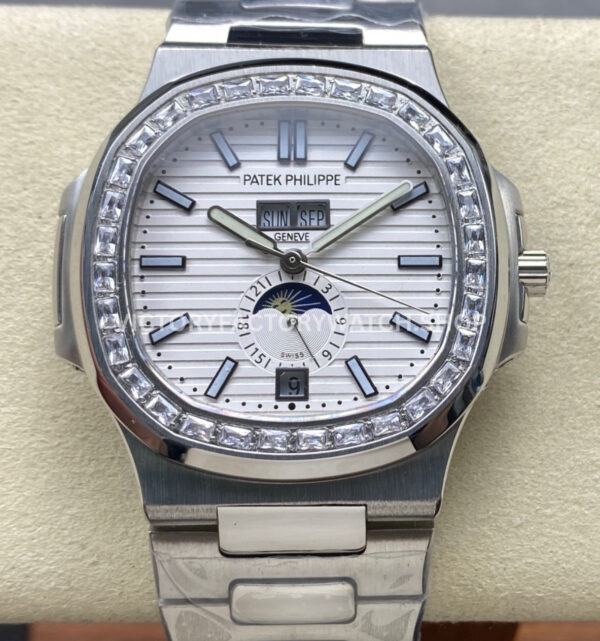 TW Factory Patek Philippe Nautilus 57261A-010 40mm Full Steel Diamond Bezel White Dial (3) TW Factory Patek Philippe Nautilus 5726 1A 010 white dial diamond bezel