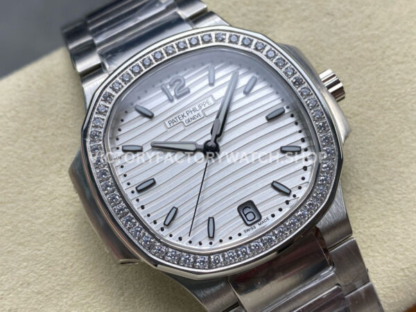 TW Factory Patek Philippe Nautilus 71181200A-010 Diamond Bezel White Dial (1) TW Factory Patek Philippe Nautilus 7118/1200A-010 35.2mm Full Steel Diamond Bezel White Dial