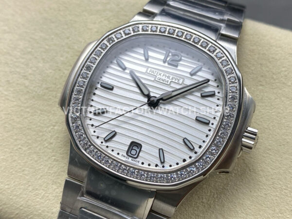 TW Factory Patek Philippe Nautilus 71181200A-010 Diamond Bezel White Dial (8) TW Factory Patek Philippe Nautilus 7118/1200A-010 35.2mm Full Steel Diamond Bezel White Dial