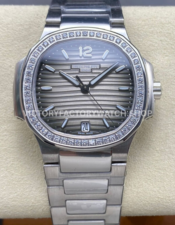 TW Factory Patek Philippe Nautilus 71181200A-011 Diamond Bezel Grey Dial (1) TW Nautilus grey dial steel diamond bezel 35.2mm